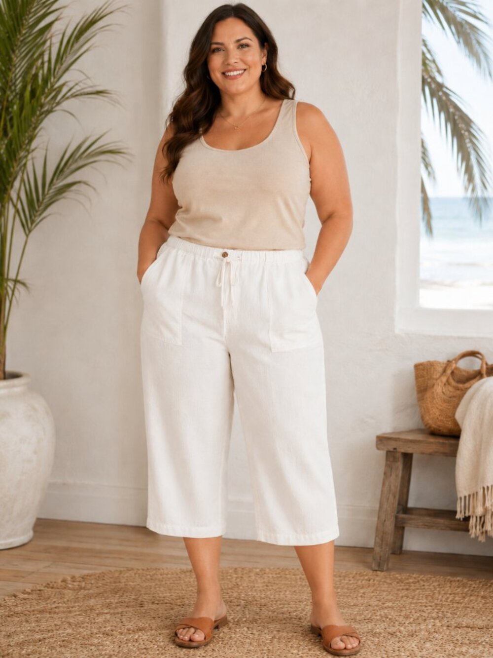 Sunset Cove Woman White Drawstring Wide Leg Pants 2X Rayon Blend Beach Resort
